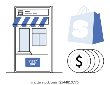 Loja digital com toldo azul e símbolo do carrinho de compras, saco de compras azul e moedas com sinal de dólar. Ideal para E-commerce, Marketing Digital, Compras On-line, Pagamentos Digitais, Pequenos