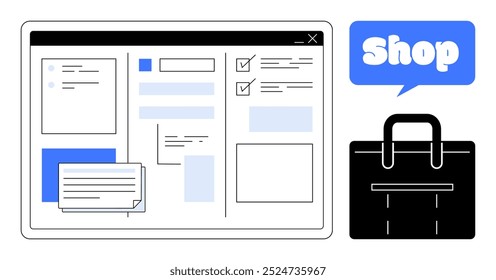 Interface de vitrine digital exibida em uma tela ao lado de um ícone de saco de compras e um balão de fala com a palavra Shop. Ideal para e-commerce, compras on-line, marketing digital, desenvolvimento na Web, varejo