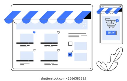 Digital storefront interface on both web and mobile screens. Ideal for online shopping, e-commerce, mobile commerce, user experience design, and digital marketing. Flat vector style