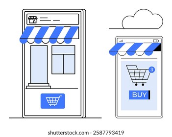 Digital storefront on a smartphone next to a traditional shop illustrates the transition from physical retail to e-commerce. Ideal for online shopping retail transformation digital marketing