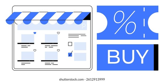 Digital storefront with product listings, shopping cart option, discount coupon symbol, and BUY button. Ideal for online shopping, retail, e-commerce promotions, discount sales, marketing, digital