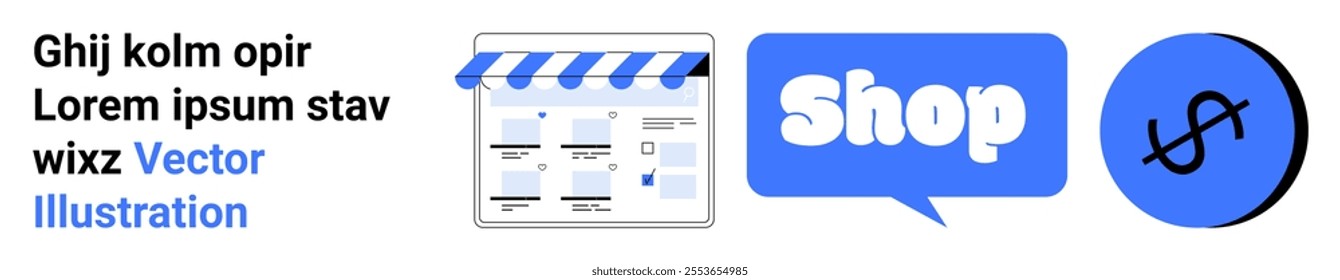 Digital storefront with shop awning icon, chatbubble labeled Shop, and a dollar sign representing online shopping. Ideal for e-commerce, retail, digital marketing, business finance, and web design