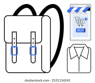 Digital storefront with shopping cart, backpack, and shirt. Ideal for e-commerce, online shopping, retail, digital marketing, and fashion themes. Minimalist and modern vector style. Blue and black