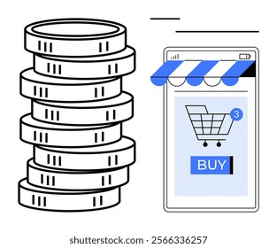 Digital storefront with shopping cart and buy button beside stacked coins. Ideal for e-commerce, digital transactions, online shopping, financial technology, and virtual marketplaces. Simple modern