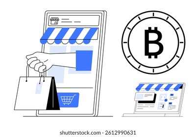 Digital storefront with shopping cart, hand holding bags, Bitcoin logo, and e-commerce website interface. Ideal for online shopping, cryptocurrency transactions, web store design, digital payments