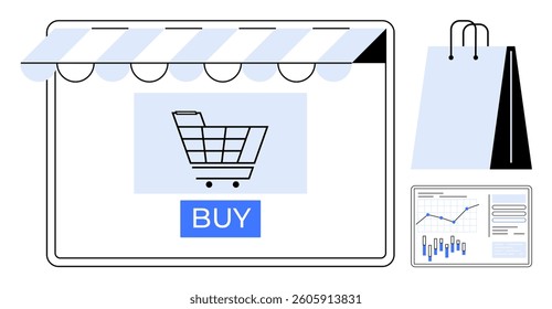 Digital storefront with shopping cart icon and blue buy button on screen, alongside a paper shopping bag and sales data chart. Ideal for e-commerce, retail, online shopping, digital marketing
