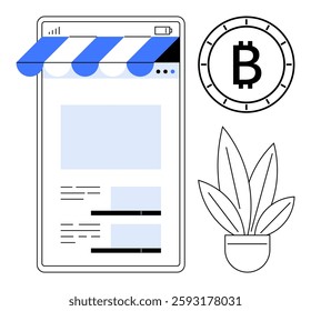 Digital storefront with striped awning, Bitcoin symbol, and potted plant. Ideal for e-commerce, cryptocurrency trading, online marketplaces, fintech, digital business, plant care, modern