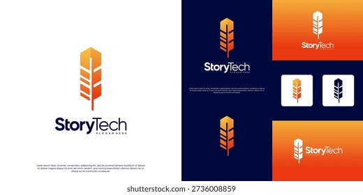 Digital story logo with a feather symbol in a technological style, sharp angles, geometric, vector design template.
