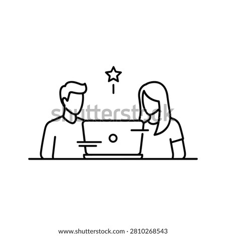 Digital Strategists Line Icon Evaluating Milestones on Laptop for Corporate Performance Marketing.