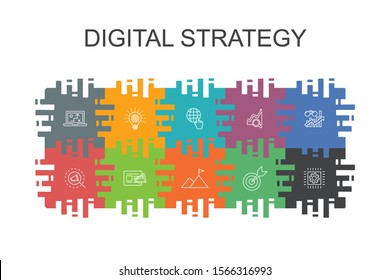digital strategy cartoon template with flat elements. Contains such icons as internet, SEO, content marketing, mission