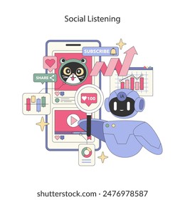 Digital Strategy concept. AI and analytics in monitoring social media trends. Engaging content tracking, subscriber interaction analysis. Vector illustration.