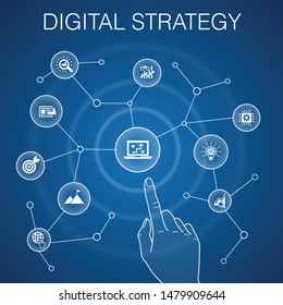 digital strategy concept, blue background. internet, SEO, content marketing, mission icons