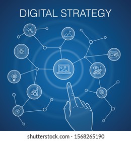 digital strategy concept, blue background. internet, SEO, content marketing, mission icons