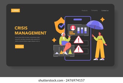 Concepto de estrategia digital. Caracteres en la página de Sitio web que tratan las estrategias y soluciones de gestión de crisis. Ilustración vectorial.