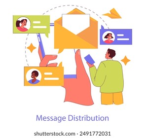 Concepto de estrategia digital. Una ilustración de la distribución eficiente de mensajes en la comunicación en línea, destacando las interacciones. Ilustración vectorial.