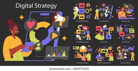 Digital Strategy concept. Illustration showing various digital marketing tools and analytics. Social media, content optimization, AI integration. Vector illustration.