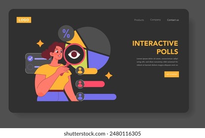 Digitales Strategiekonzept. Abbildung einer Frau, die interaktive Umfragen auf einer Website-Oberfläche mit lebendigen Grafiken analysiert. Einblick in Online-Engagementtools. Vektorillustration.