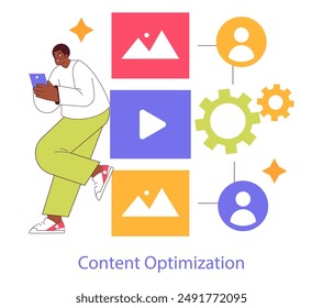 Digital Strategy concept. Man interacting with various social and content optimization icons. Seamless integration of technology in marketing. Vector illustration.