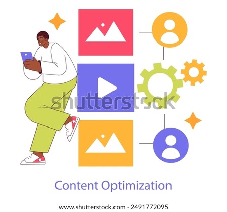 Digital Strategy concept. Man interacting with various social and content optimization icons. Seamless integration of technology in marketing. Vector illustration.