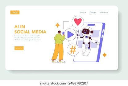 Digital Strategy concept. Man interacts with AI robot on social media platform, depicting engagement analytics. Social media management and automation. Vector illustration.