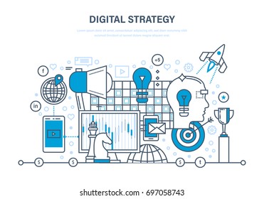 Digital strategy concept. Digital marketing, media planning, online business and purchasing, financial analysis and statistics. Illustration thin line design of vector doodles, infographics elements.