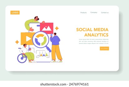 Digital Strategy concept. Professionals analyze social media metrics on a website interface with dynamic charts. Strategy development, performance tracking. Vector illustration.