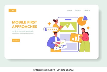 Digital Strategy concept. Professionals optimizing mobile content for digital marketing. Team collaboration, user engagement, and analytics optimization. Vector illustration.