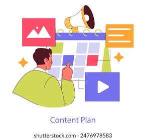 Digital Strategy concept. Strategic planning for social media content with visual elements like posts, videos, and megaphone. A person organizing a schedule. Vector illustration.