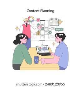 Digital Strategy concept. Team collaborates on content planning with calendar, analytics, and social icons. Effective marketing teamwork. Vector illustration. - Powered by Shutterstock - Get 15% off with code: PIKWIZARD15