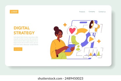 Digital Strategy concept. A woman engages with an interactive interface displaying analytics and social metrics. Strategic online engagement planning. Vector illustration.