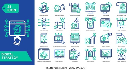 Conjunto de coleções de ícones da Estratégia Digital. Estratégia de negócios,Estratégia de marketing,Execução de estratégias,Negócios on-line. Ícones de vetor de cor de linha