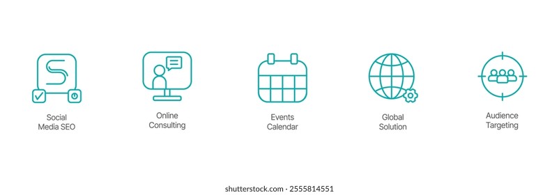 Digital Strategy Icon Set – Social Media SEO, Online Consulting, Events Calendar, Global Solution, and Audience Targeting Design