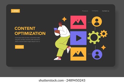 Digital Strategy illustration. A professional fine-tuning online content among engaging UI elements, depicting efficiency in digital marketing. Vector illustration.