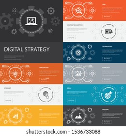 digital strategy Infographic 10 line icons banners. internet, SEO, content marketing, mission simple icons