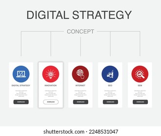 digital strategy, innovation, internet, SEO, SEM, icons Infographic design layout design template. Creative presentation concept with 5 steps