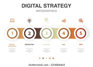 digital strategy, innovation, internet, SEO, SEM, icons Infographic design layout template. Creative presentation concept with 5 steps