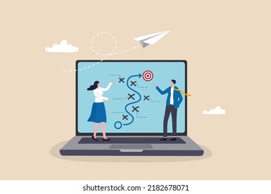 Digital strategy, online marketing or social media communication plan, challenge or technology for business development concept, business people marketer working with digital online plan on computer.