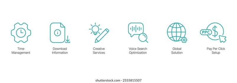 Digital Strategy and Optimization Icon Set – Time Management, Download Information, Creative Services, Voice Search Optimization, Global Solution, and Pay-Per-Click Setup Design