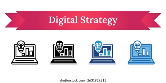 Digital Strategy - Outline, Glyph Silhouette Black Fill, Dual tone, Blue, Multi Style Icon - Lightbulb on laptop with analytics bars shows innovation and tech-driven business acceleration