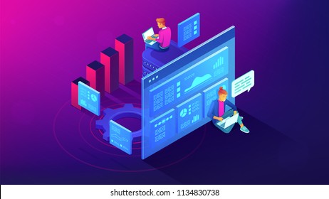 Digital strategy and planing isometric illustration. Digital marketing roadmap strategy and activities planning online marketing concept. Vector 3D illustration on ultraviolet background.
