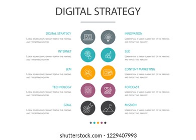 digital strategy presentation template, cover layout and infographics. internet, SEO, content marketing, mission cons