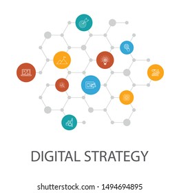 digital strategy presentation template, cover layout and infographics. internet, SEO, content marketing, mission