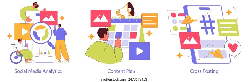 Digital Strategy set. Analyzing social media metrics, planning content, and cross-platform sharing. Innovative online marketing approach. Vector illustration.