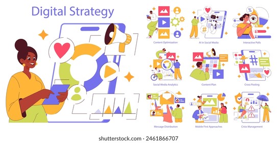 Digital Strategy set. Exploring various online marketing tactics. Engaging content, AI enhancements, analytics tracking, and crisis management. Vector illustration.