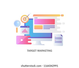 Digital strategy for targeting audience, target marketing flat design colorful vector on white background