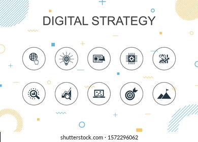 digital strategy trendy Infographic template. Thin line design with internet, SEO, content marketing, mission icons