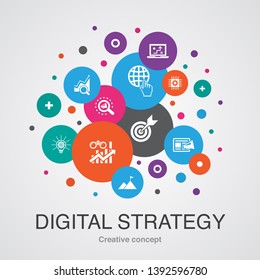 digital strategy trendy UI bubble design concept with simple icons. Contains such elements as internet, SEO, content marketing, mission and more