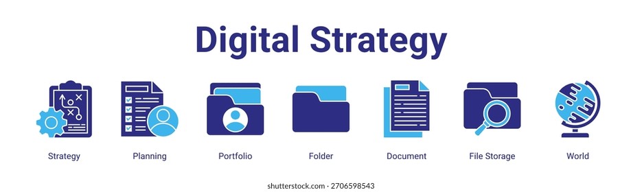 Digital Strategy web banner ícone vetor ilustração conceito com estratégia, planejamento, portfólio, pasta, documento, armazenamento de arquivos e mundo em um conjunto de coleta.
