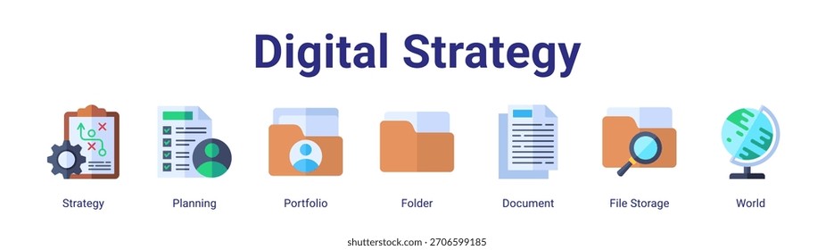 Digital Strategy Web-Banner-Symbol, Vektorgrafik-Konzept mit Strategie, Planung, Portfolio, Ordner, Dokument, Dateispeicher und Welt in einer Sammlung.