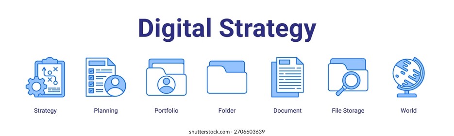 Concepto de Ilustración vectorial de íconos de Anuncio de Web de estrategia digital con estrategia, planificación, Cartera, carpeta, documento, almacenamiento de archivos y mundo en un conjunto de colecciones.